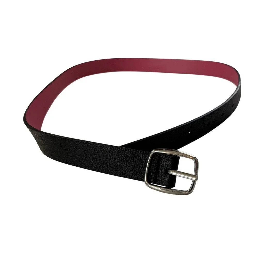 Black Pebbled Faux Leather Belt with Pink Interior Silver‎ Buckle Womens 36 Inch